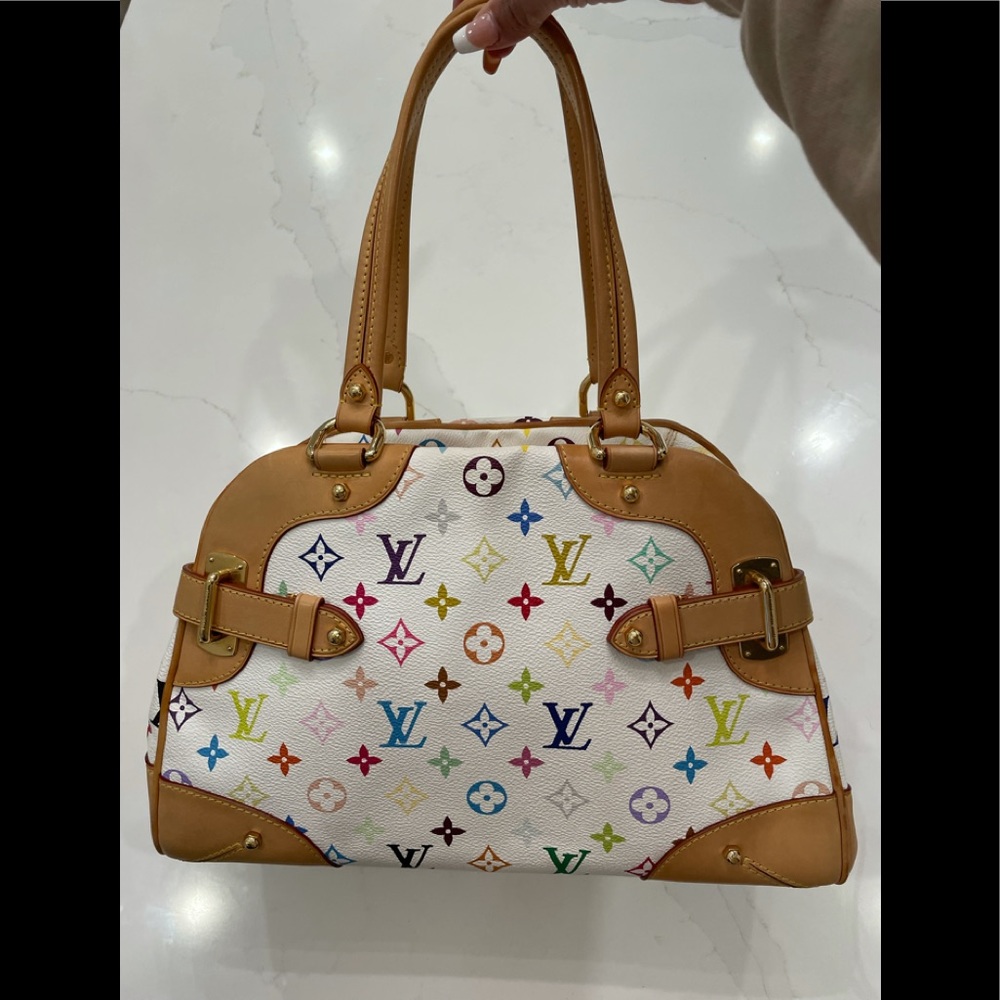 Louis Vuitton White Multicolor Monogram Canvas Shoulder Bag with Tan Leather